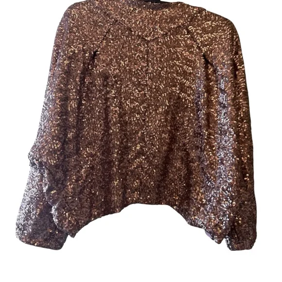 Stitch & Knot Sequin Cropped Jacket Brown Open Front Lined Cardigan Long Sleeves - Picture 3 of 5